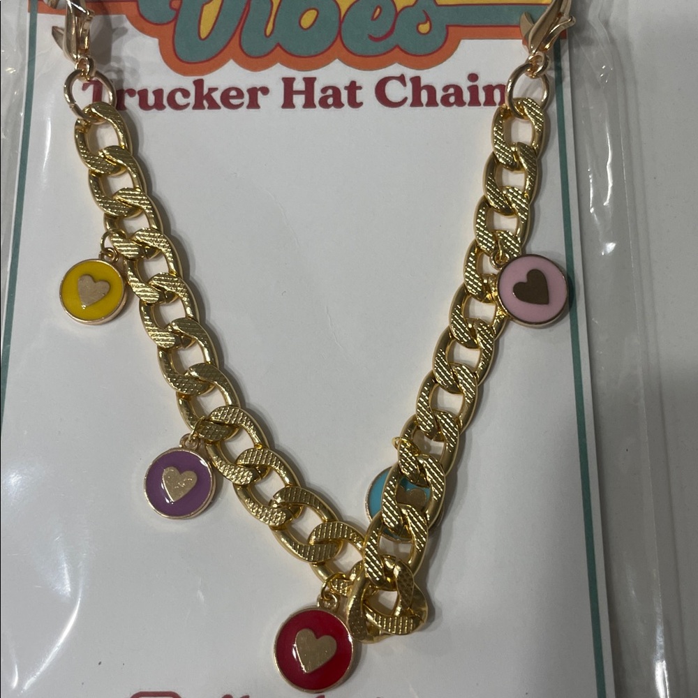 Gold Trucker Hat Chain with Colorful Heart Charms